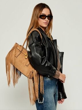 Suede Fringe Shoulder Tote in Tan